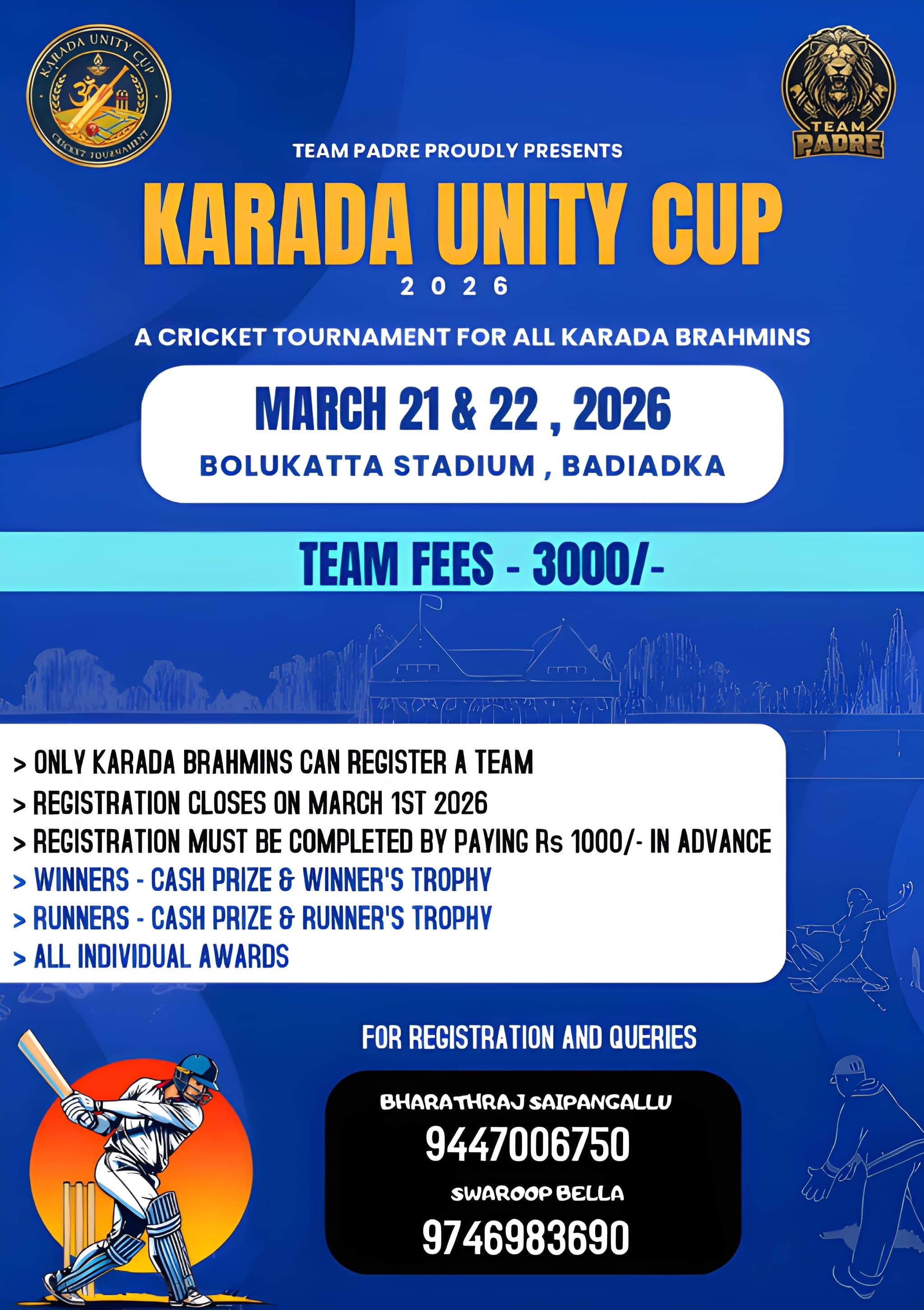 Karada Unity Cup- Cricket Tournament for all Karada Brahmins