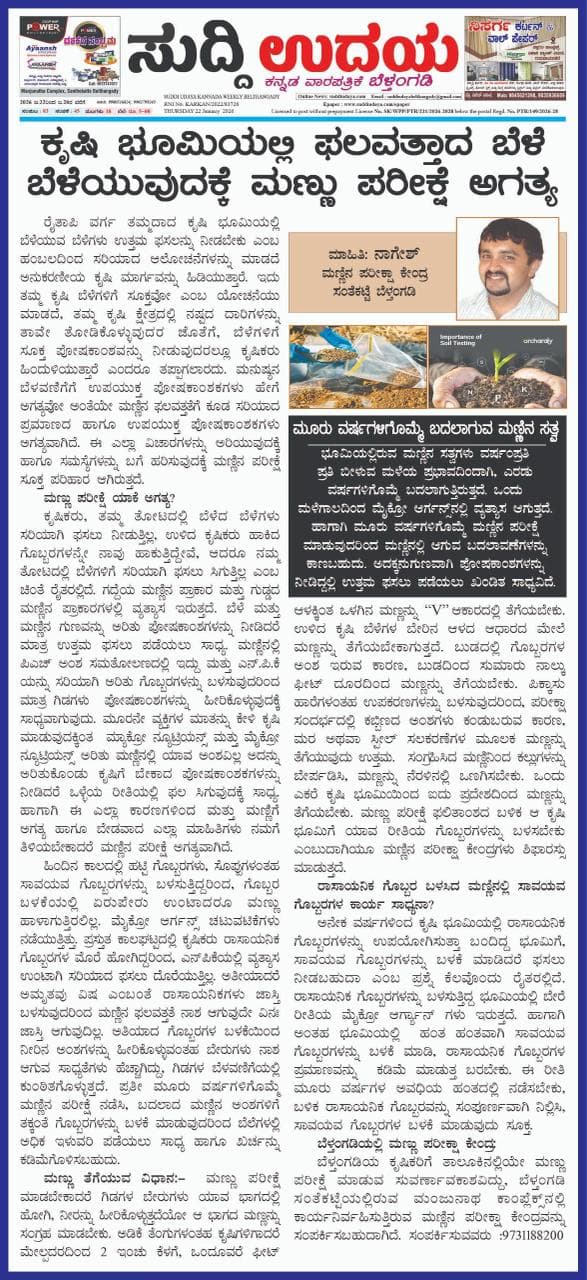 ಕೃಷಿ ಭೂಮಿಯಲ್ಲಿ ಫಲವತ್ತಾದ ಬೆಳೆ ಬೆಳೆಯುವುದಕ್ಕೆ ಮಣ್ಣು ಪರೀಕ್ಷೆ ಅಗತ್ಯ