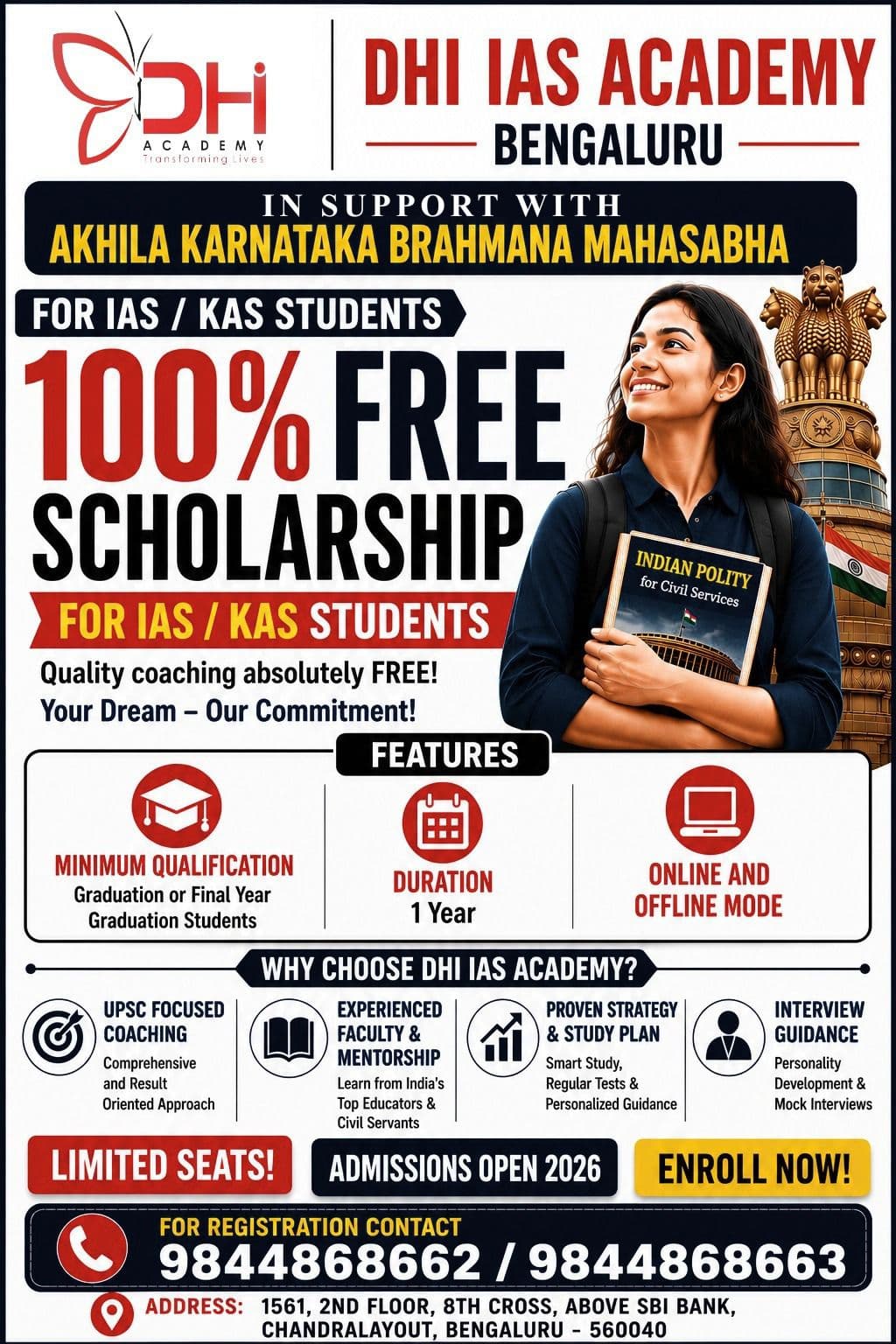 100% Free Scholarship and for IAS / KAS students in Bengaluru