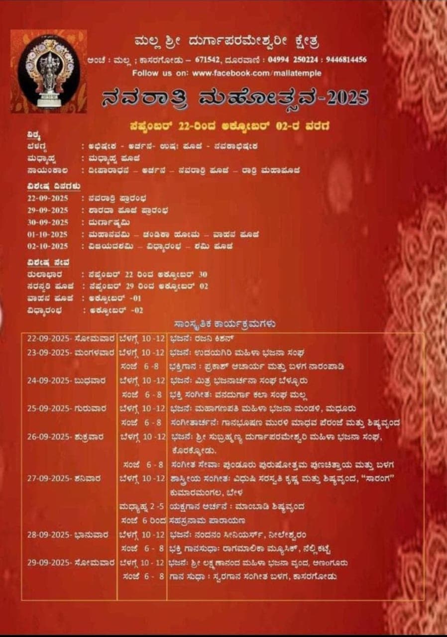 ಮಲ್ಲ ಶ್ರೀ ದುರ್ಗಾಪರಮೇಶ್ವರೀ ಕ್ಷೇತ್ರದಲ್ಲಿ ನವರಾತ್ರಿ ಮಹೋತ್ಸವ